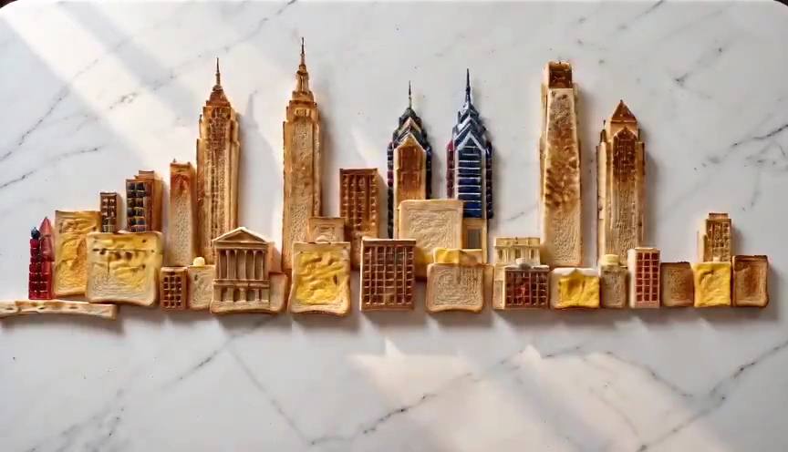 Edible Cityscape: Omelet Blocks and Butter Curl Rooftops on White Tabletop