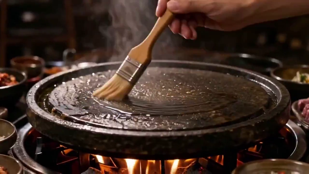Close-Up Shears Cut Marbled Meat on Glowing Stone Grill