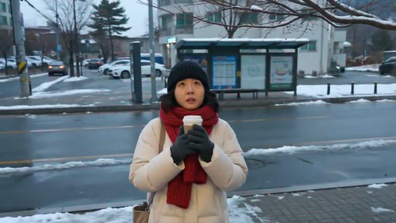 Chilly Gust Drops Snow on Her Knit Hat and Red Scarf
