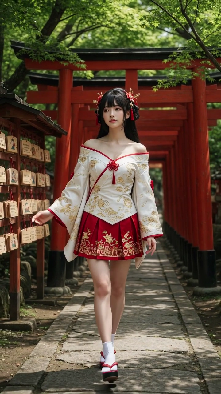 Elegant Shrine Maiden Poses Beneath Sunlit Torii Corridor
