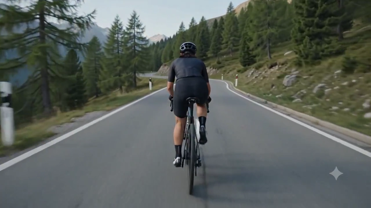 Racer Leans Through Sweeping Curves Above a Sunlit Valley