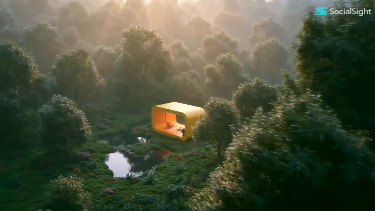 Capsule Home Shimmers in Rainforest as Resident Reads by Window