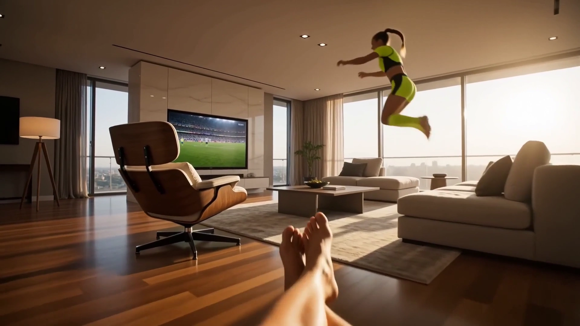 Woman Vaults Over Coffee Table and Into Football Match