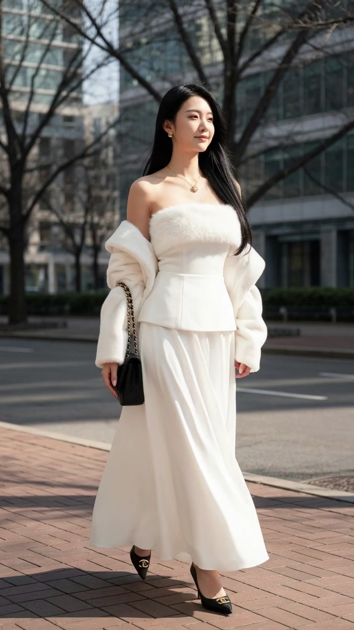 Black-Haired Woman Wears Chanel Heels and Gold Necklace Outdoors