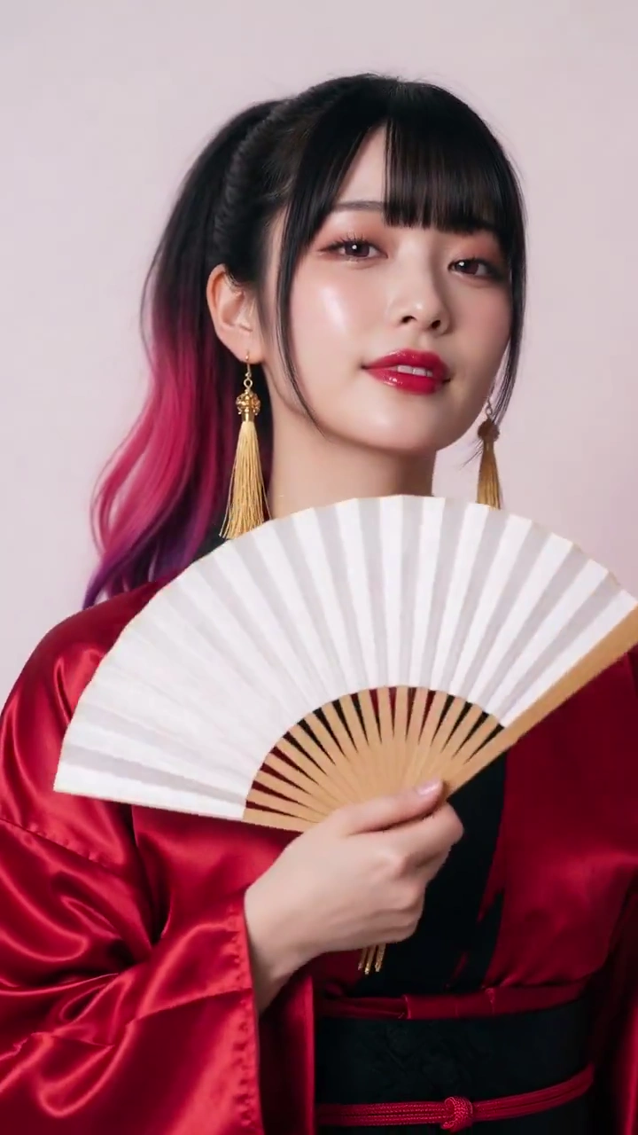 Silky Black Hair with Pink Tips Frames a Kimono-Clad Beauty