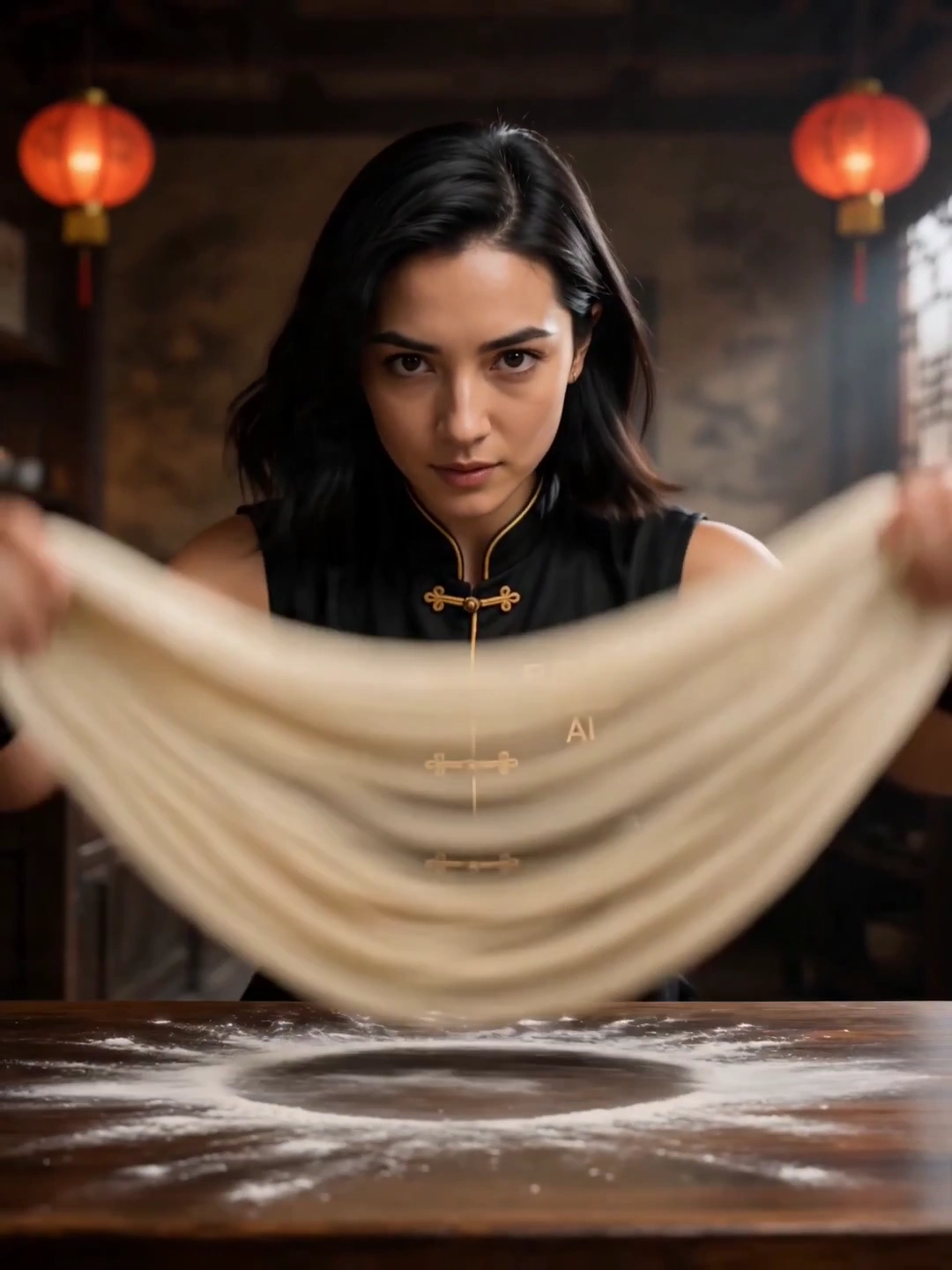 Warrior Chef Creates Flowing Noodles Amid Amber Firelight
