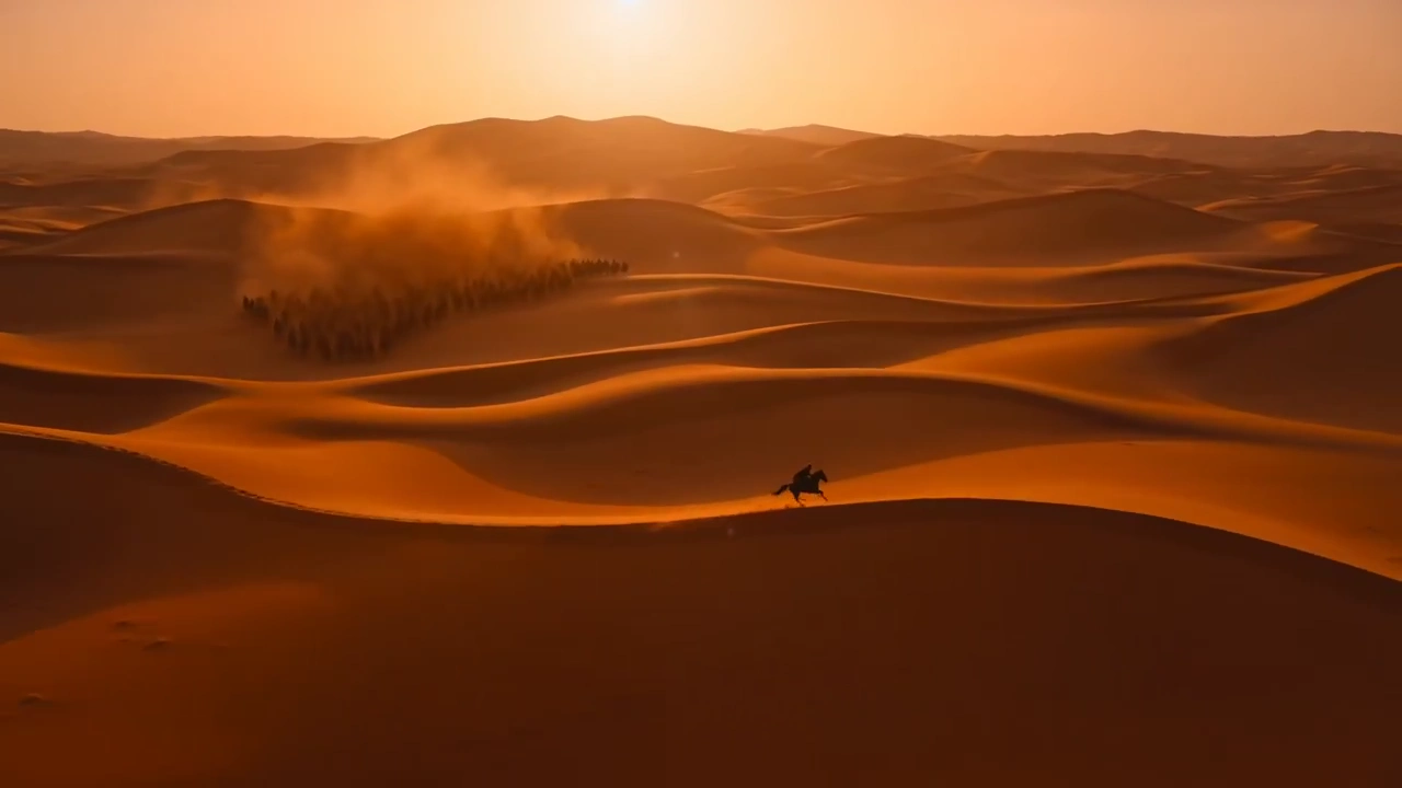 Fleeing Armored Pursuers, a Lone Rider Gallops Through Golden Dunes