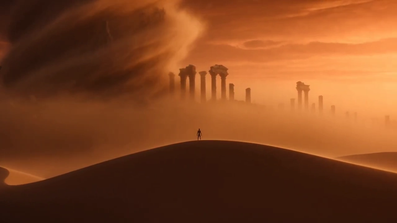 Golden Sand Spirals Around a Wanderer as Ancient Symbols Emerge