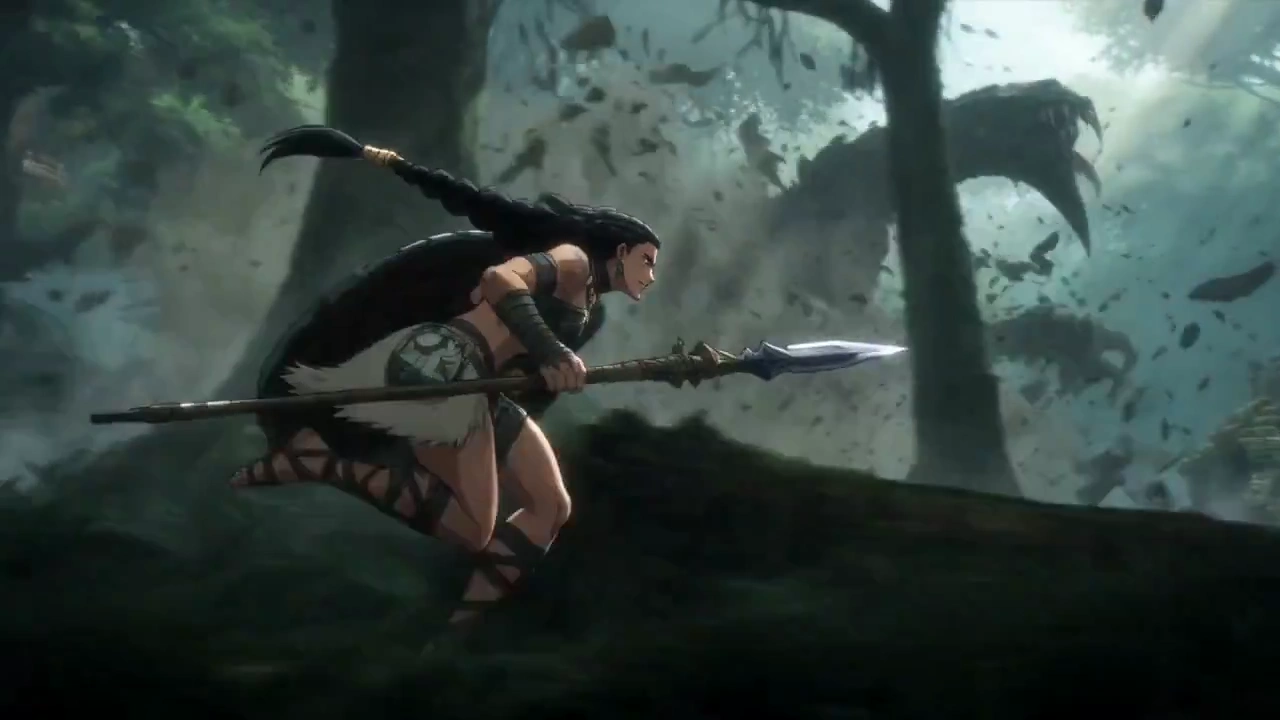 Emerald-Eyed Warrior Climbs a Colossal Beast Amid Exploding Vegetation