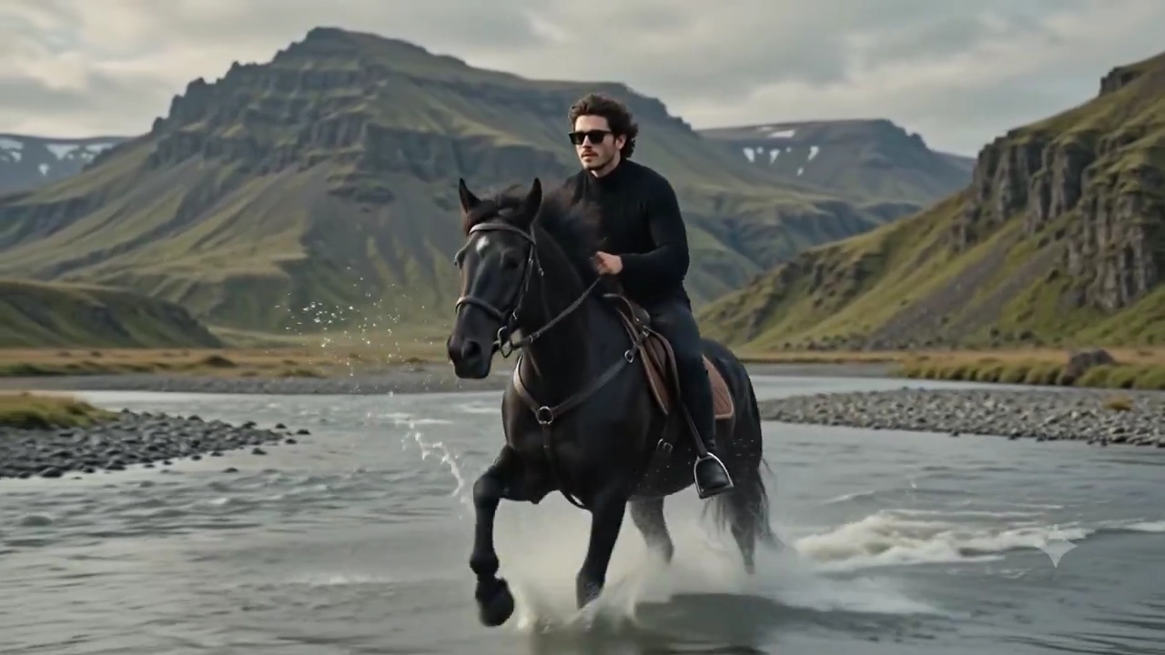 Black Horse and Rider Race Along a Waterfall Cliff Edge