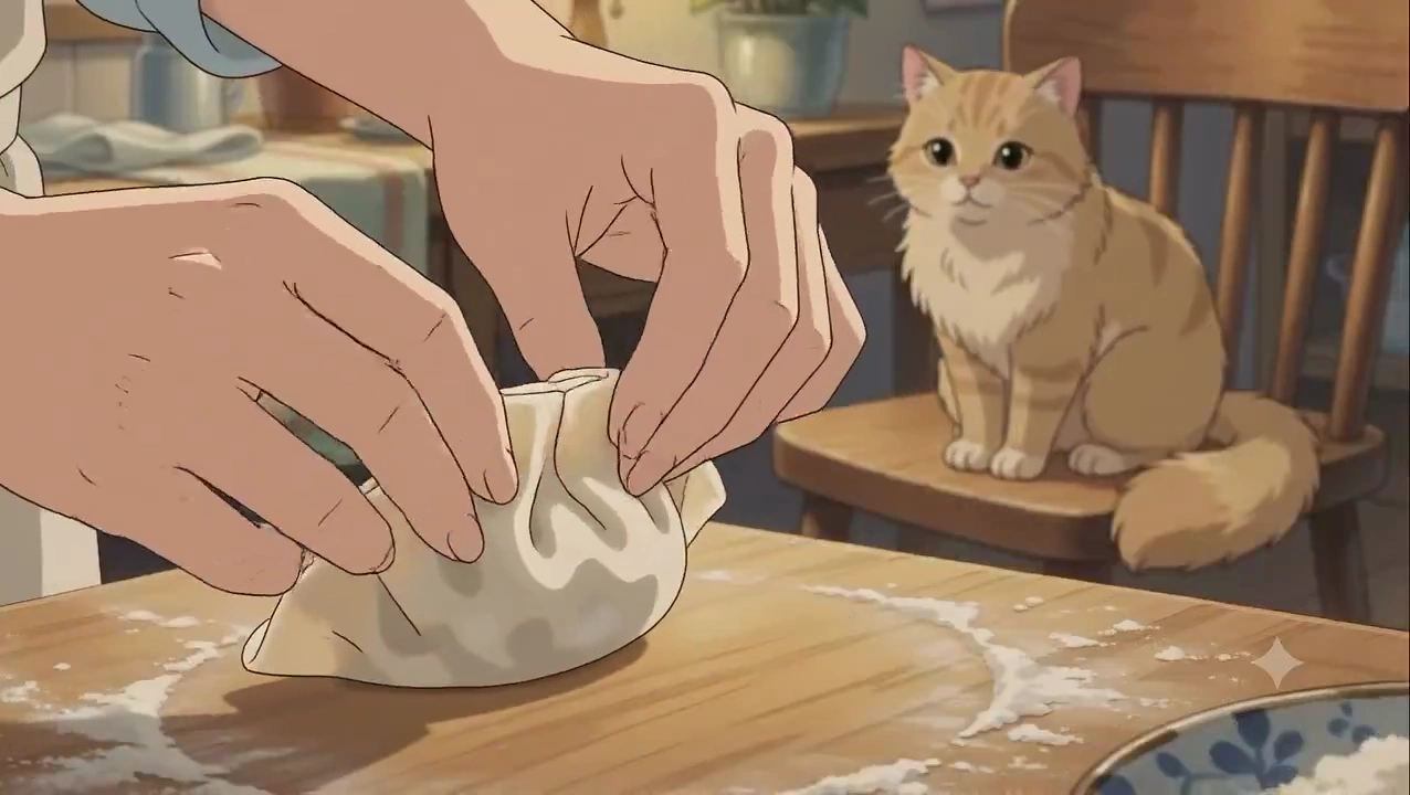 Handmade Dumplings Folded and Steamed in Magical Realism Scene