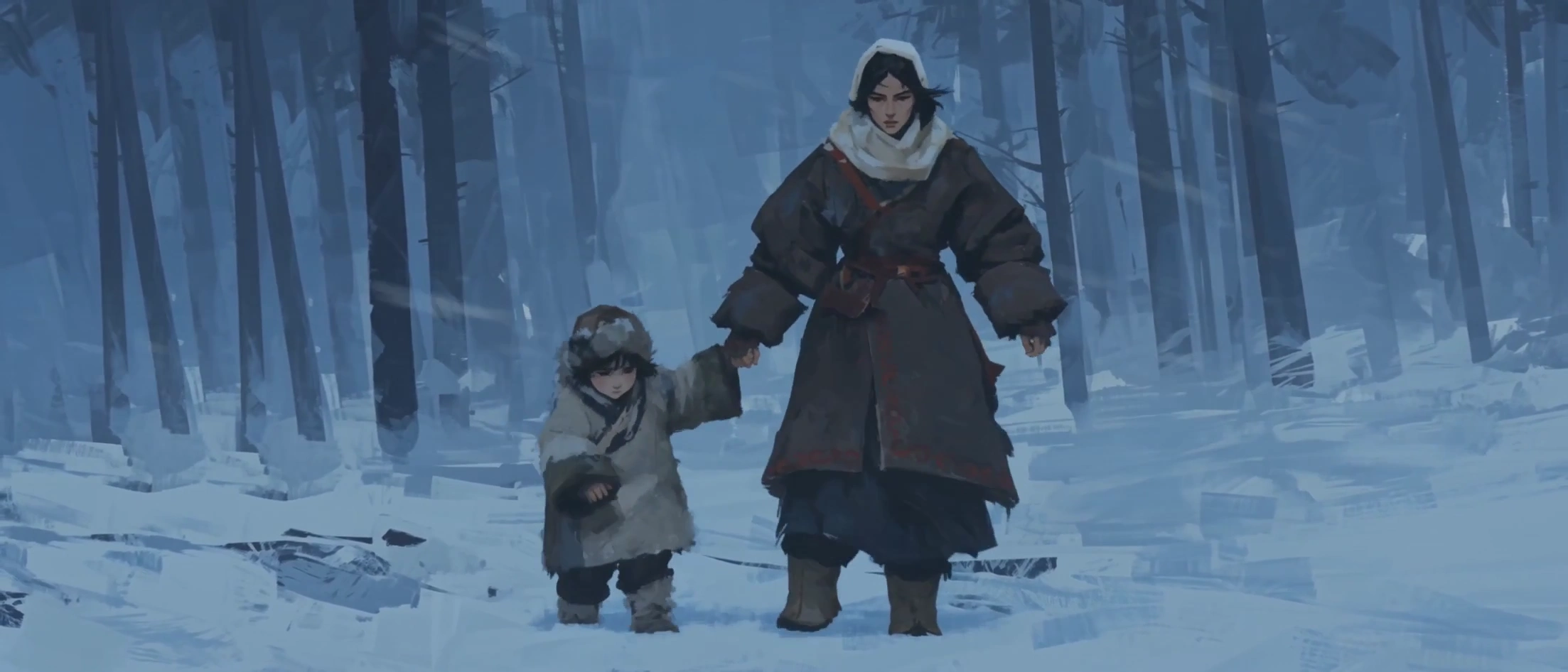 Pale Moonlight Batters a Mother and Child in a Snow-White Haze