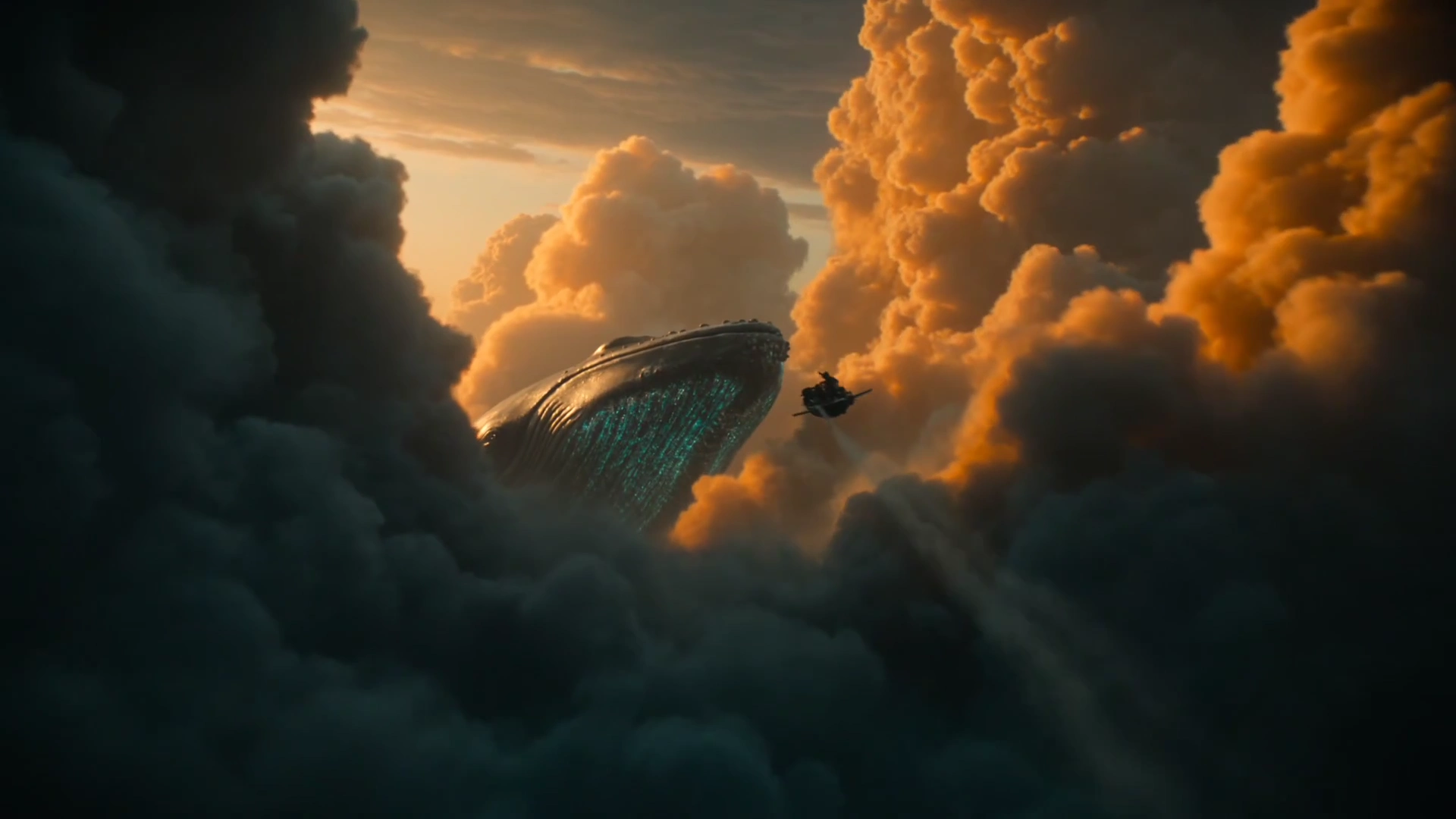 Sunset Lightning Illuminates a Pirate's Sword Fight Aboard a Flying Whale