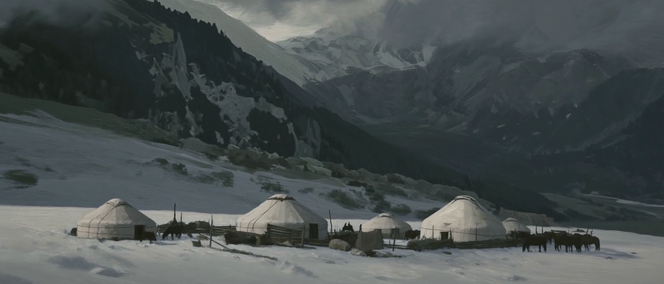 Handheld Camera Captures Kazakh Yurts Dwarfed by a Vast Dark Mountain