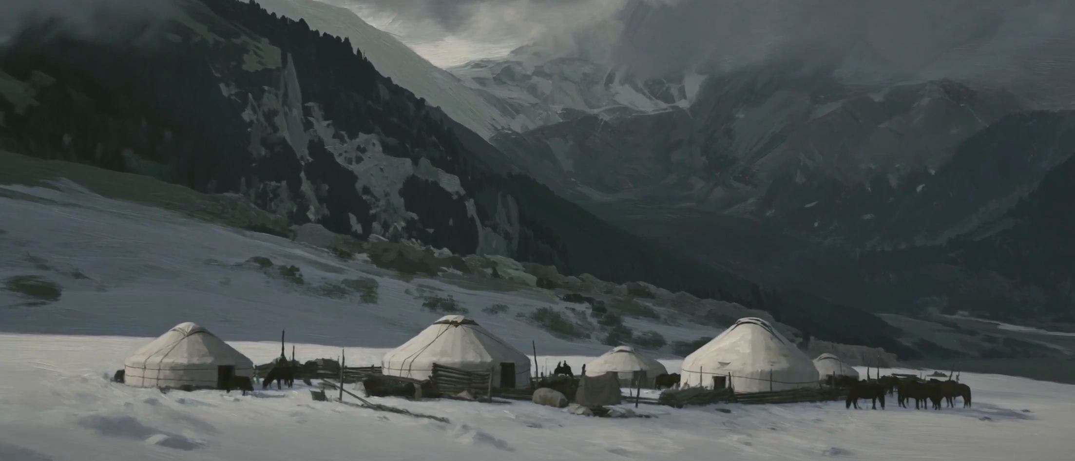 Cloud-Shadows Sweep Over a Snowy Valley and Tiny Yurts