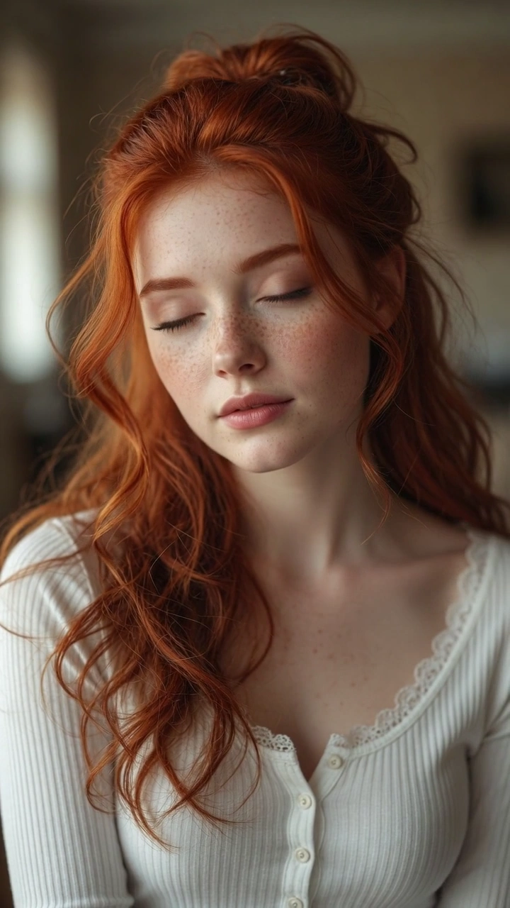 Porcelain-Skinned Woman with Voluminous Red Hair Tilts Head Softly