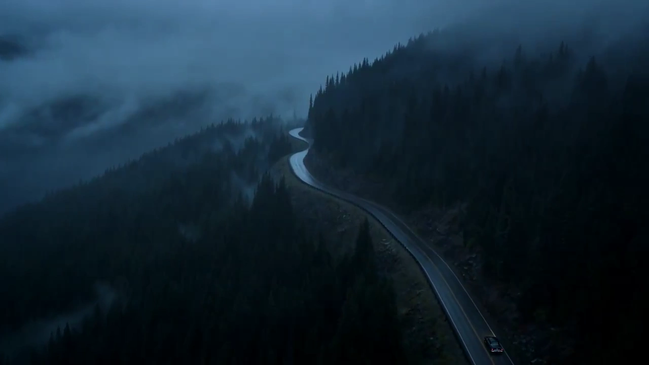 Lightning Illuminates a Noir Sedan Racing Along a Cliffside Curve
