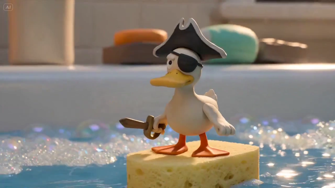 Tiny Pirate Duck Rides a Sponge Vessel Through Bathroom Seas