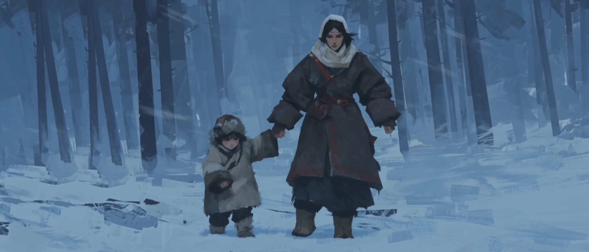 Snowbound Figures Struggle Through a Pale Moonlit Whiteout