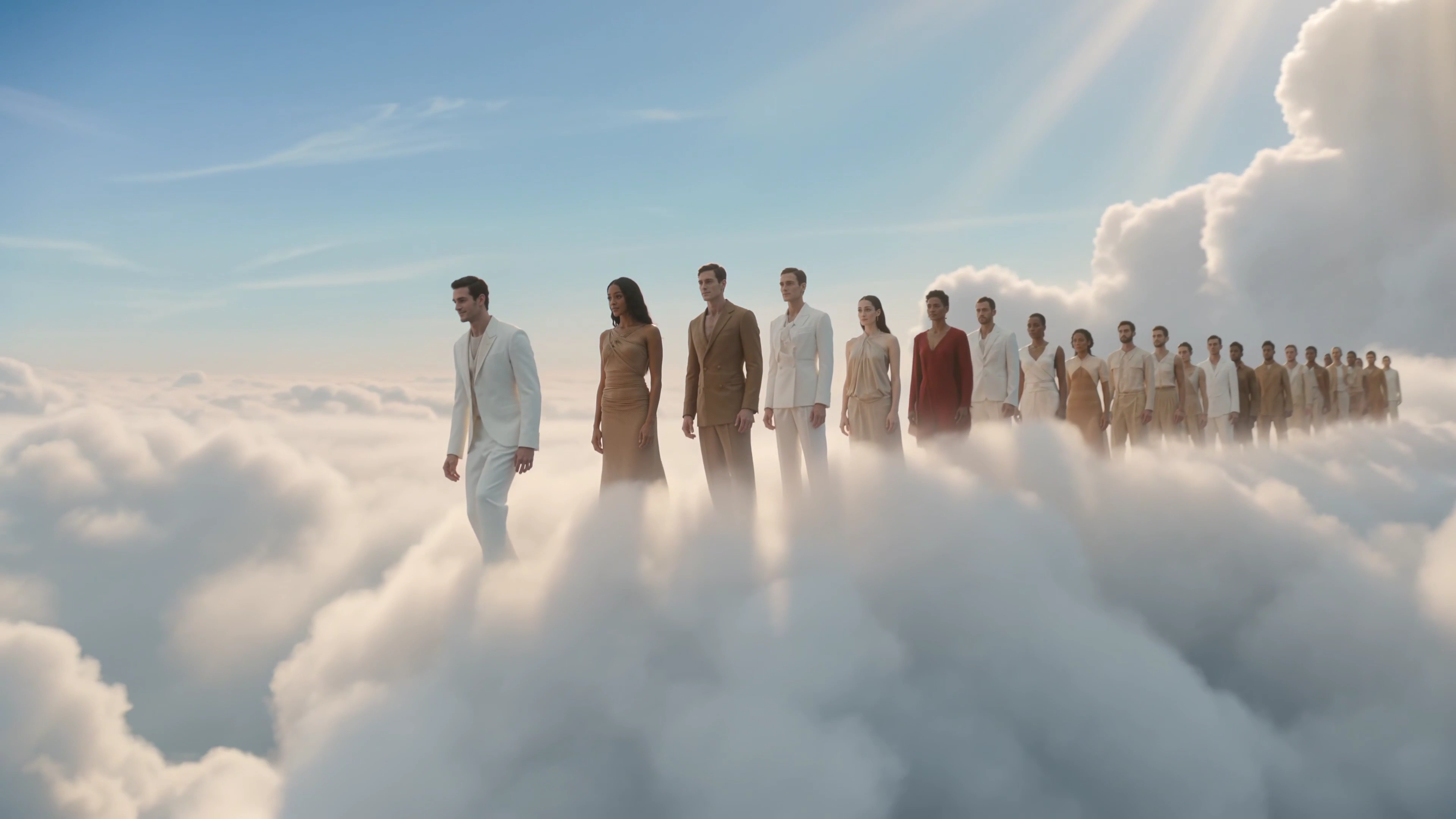 Luxury Models Soar Through Sunbeams Above Wispy Clouds
