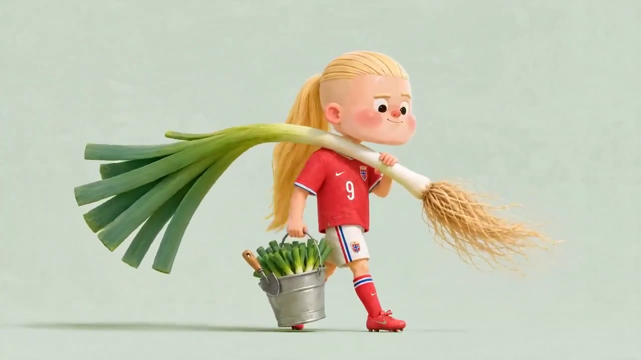 Blonde Ponytail Footballer Tends Leek Harvest in Muted Green