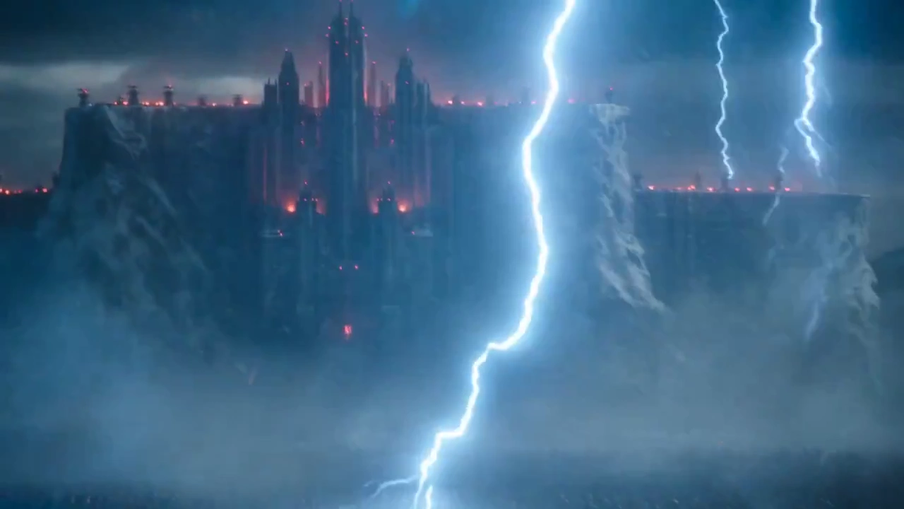 Colossal Siege Beast Charges a Cliffside Fortress in a Storm
