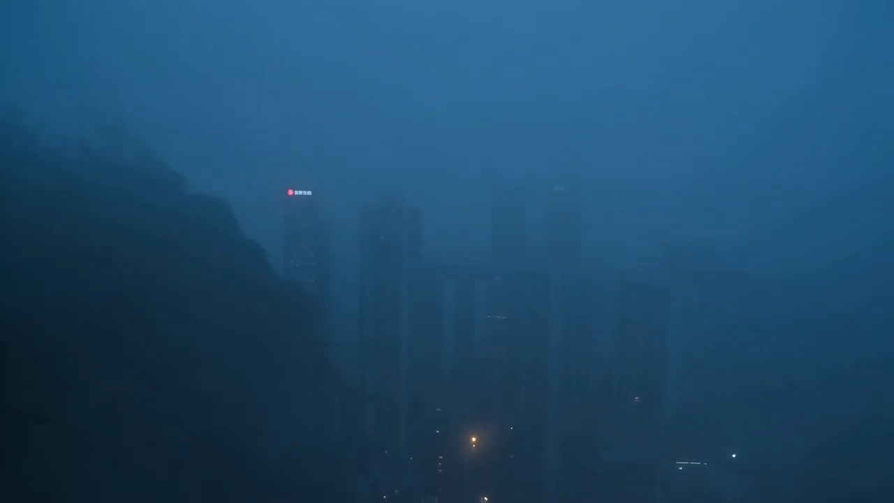 Cable Cars Drift Past Misty Towers in a Vertical Neon Valley