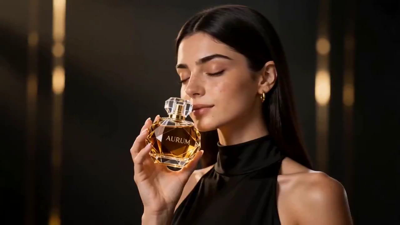 Elegant Woman Closes Her Eyes to the Scent of AURUM