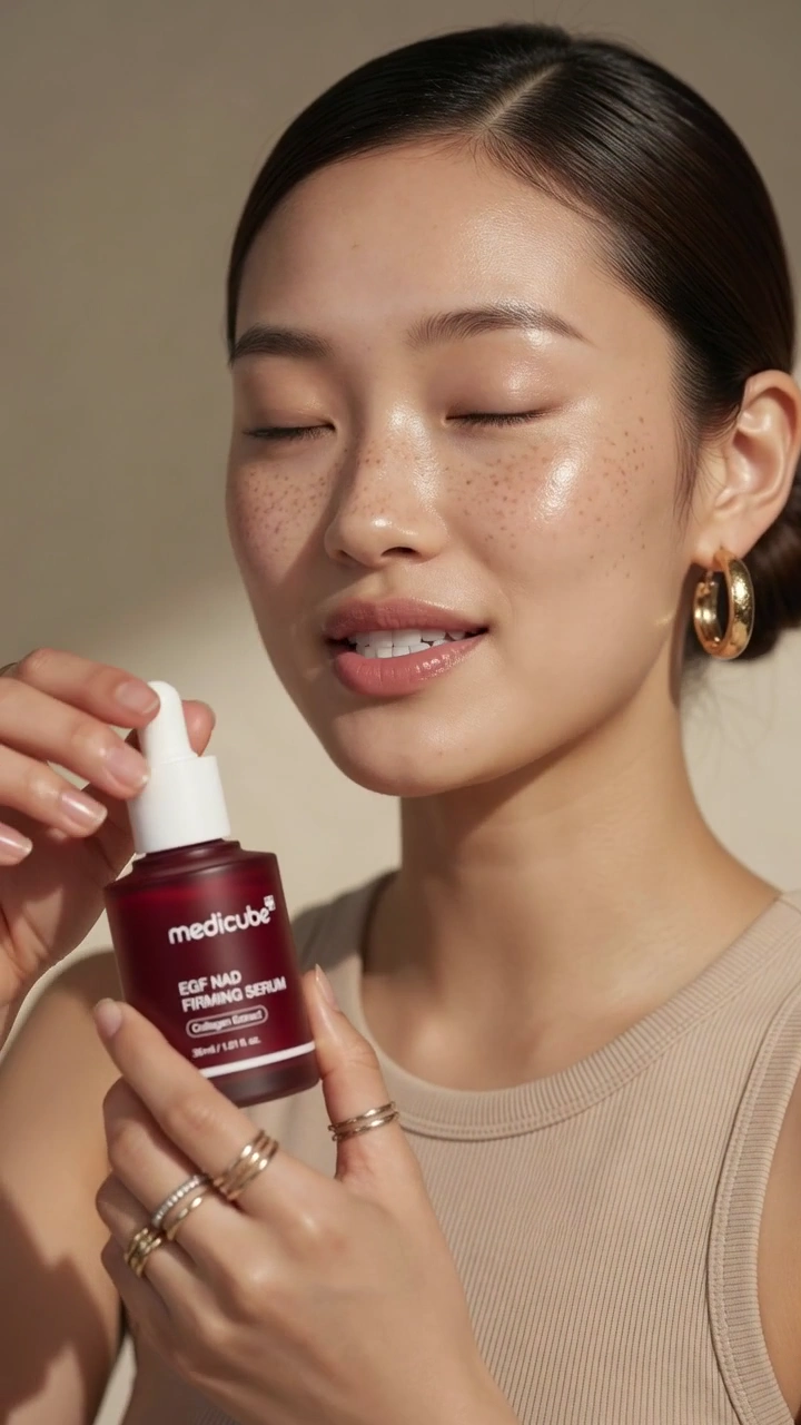 Dewy Skinned Model Showcases Medicube Firming Serum Bottle
