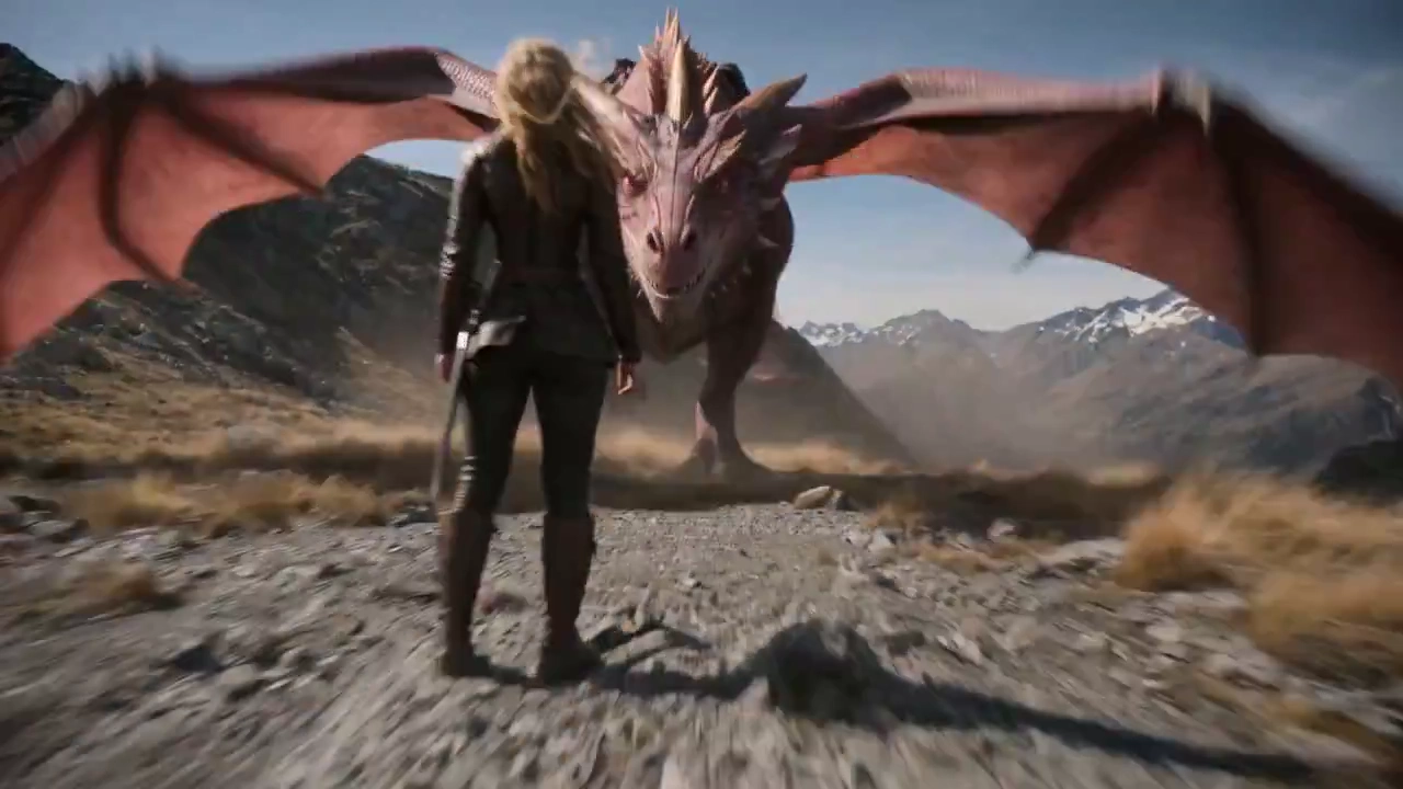 Giant Pink Dragon Gallops Alongside a Blonde Adventurer
