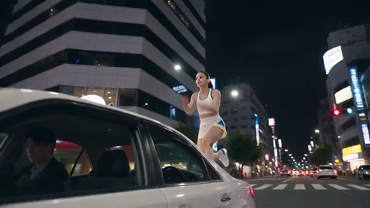 Nighttime Parkour: Woman Leaps Over Tokyo Tower's Neon Heights