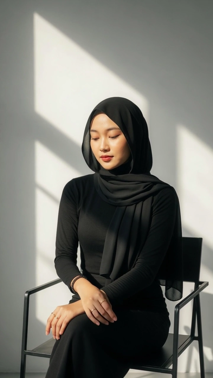 Sunlight Casts Geometric Shadows on a Woman in Black Attire