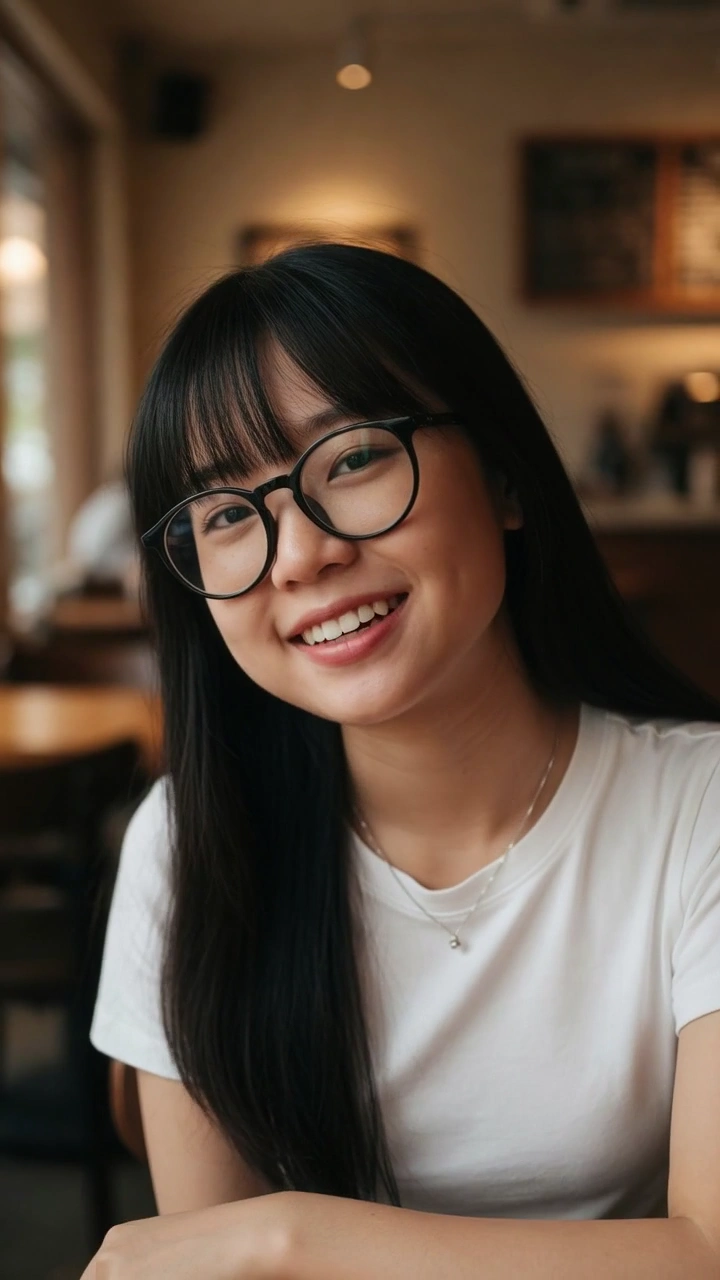 Playful Pout and Cheek Pull by a Bespectacled Woman in Cafe