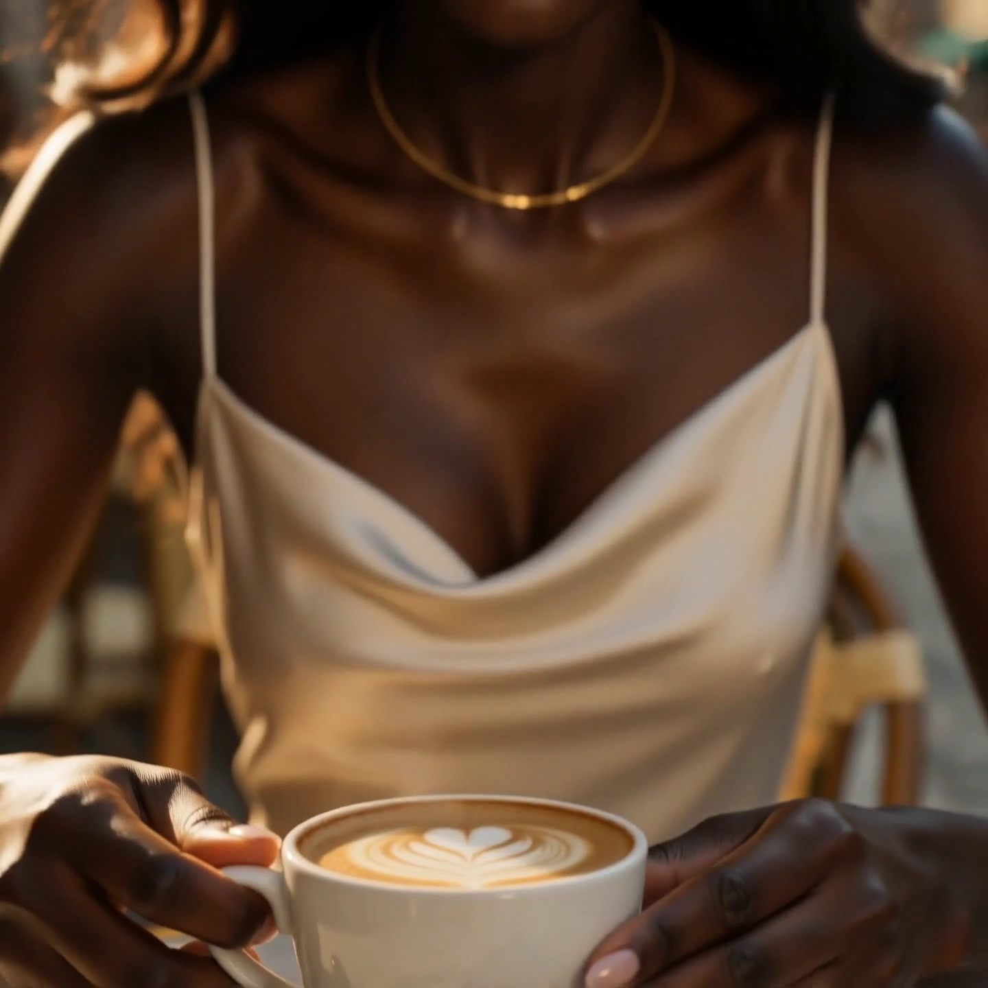Cappuccino Steam Rises While She Smiles in Dappled Sunlight