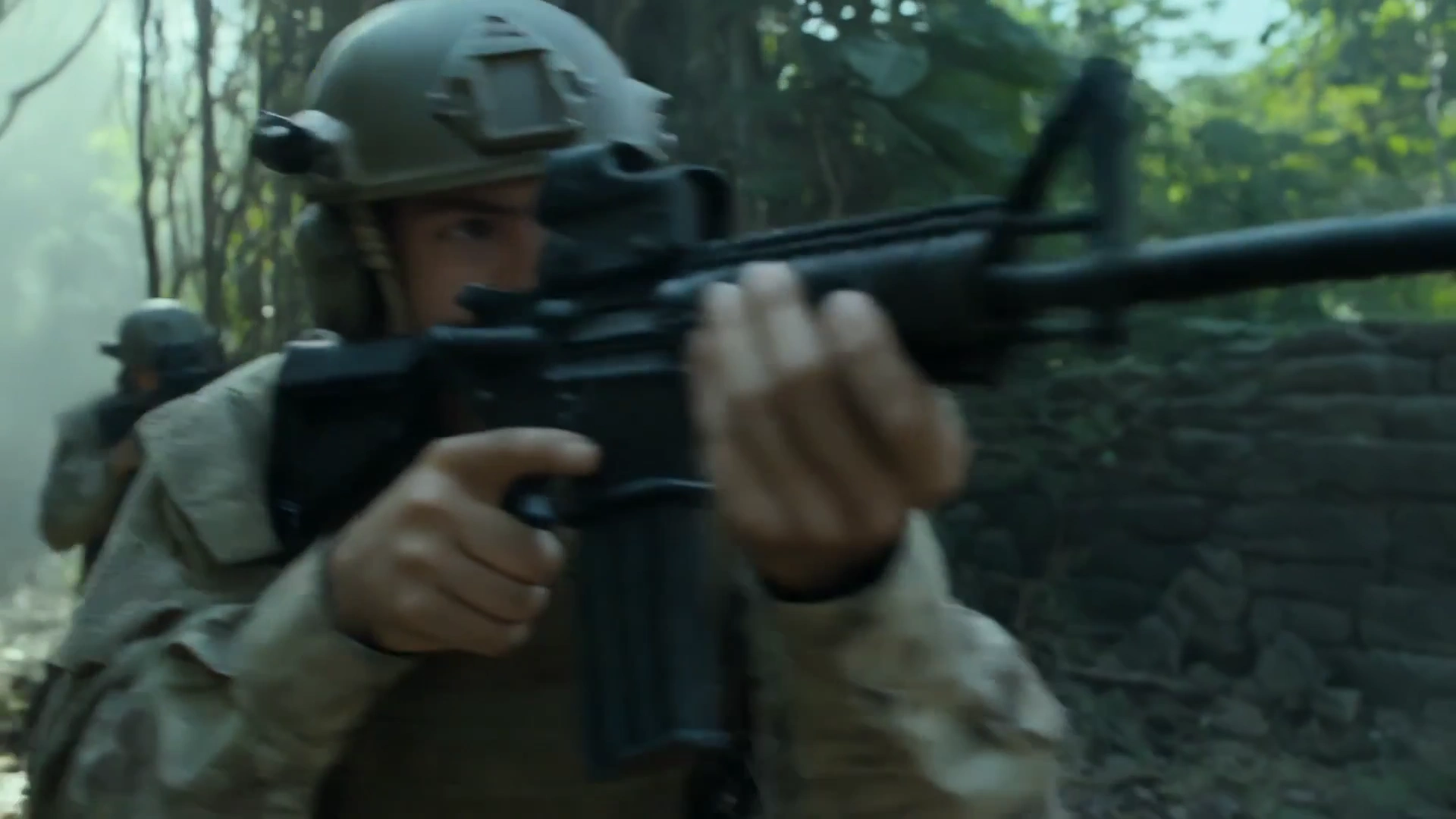Sunbeams Pierce the Canopy as Soldiers Engage in Combat