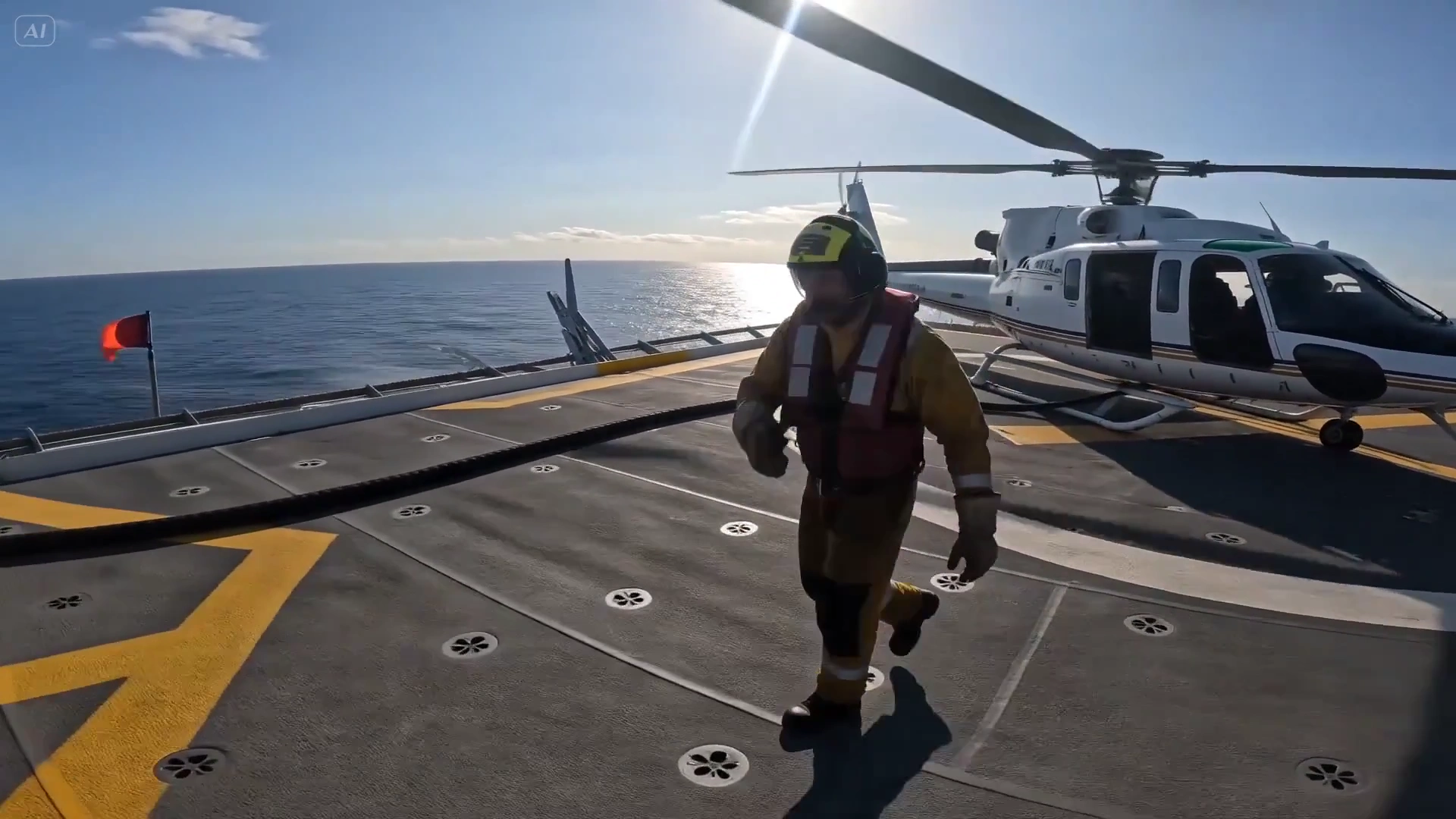 Midday Fuel Transfer on an Ocean Helideck With Rotors Spinning