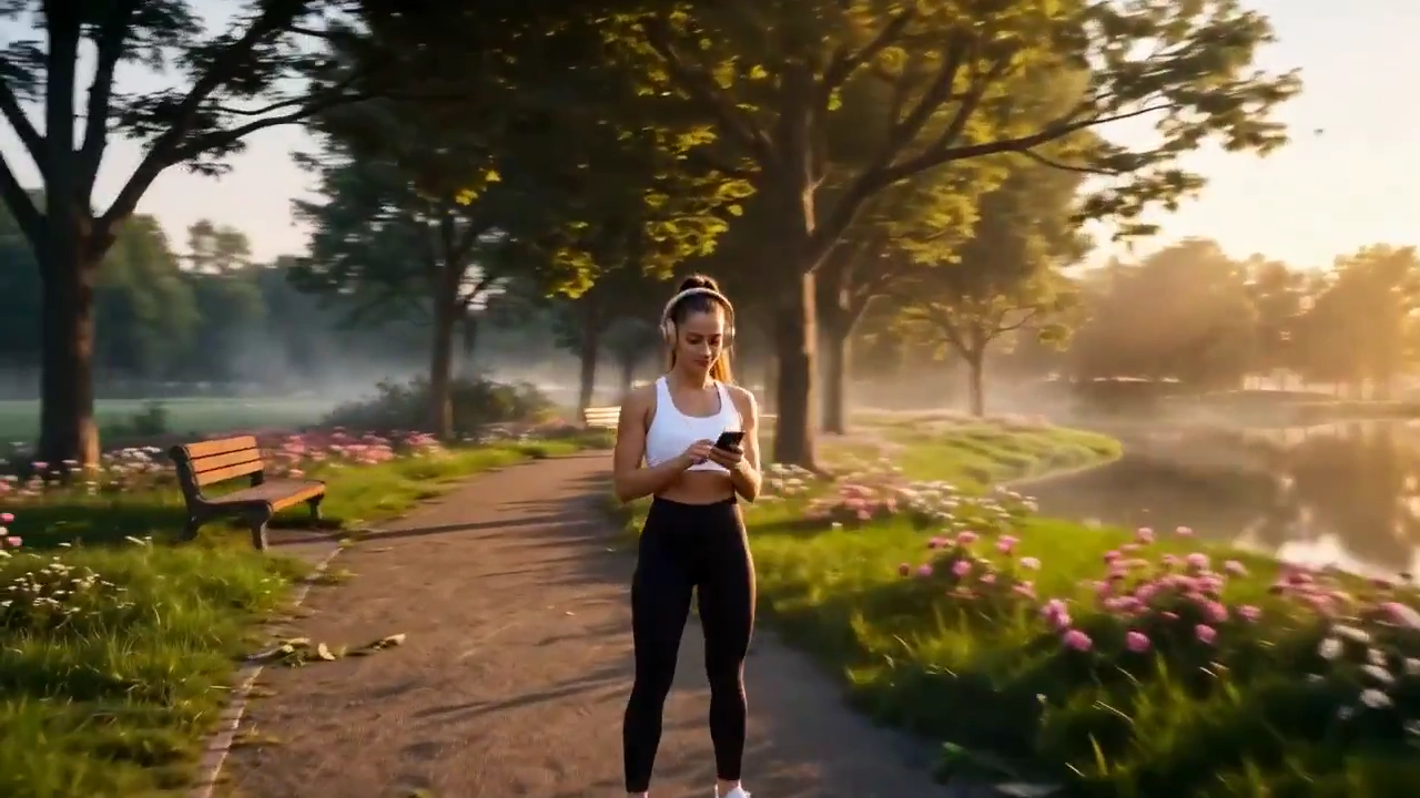 Morning Runner Paces Across Sunlit Bridge Over Still Waters