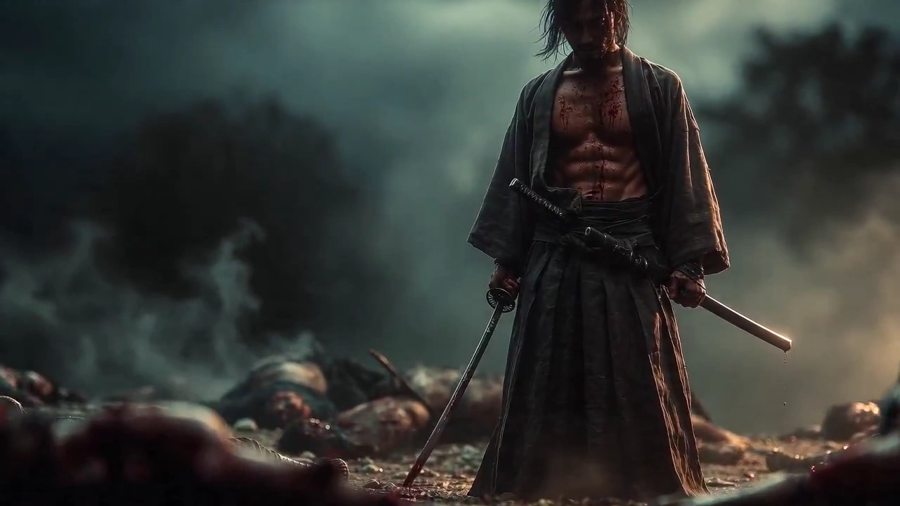 Haunted by violence, a samurai lets his katana fall.