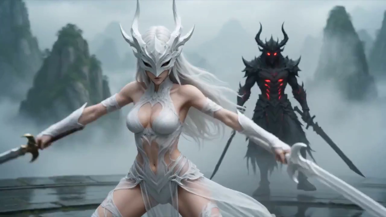 Dual Swords Spark Against a Dark Mirror in a Wuxia Battle