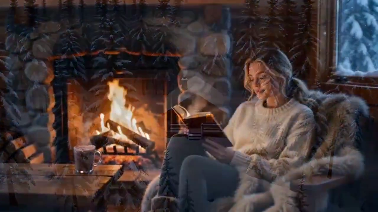 Snowflakes Settle on a Cabin Window While Firelight Flickers Inside