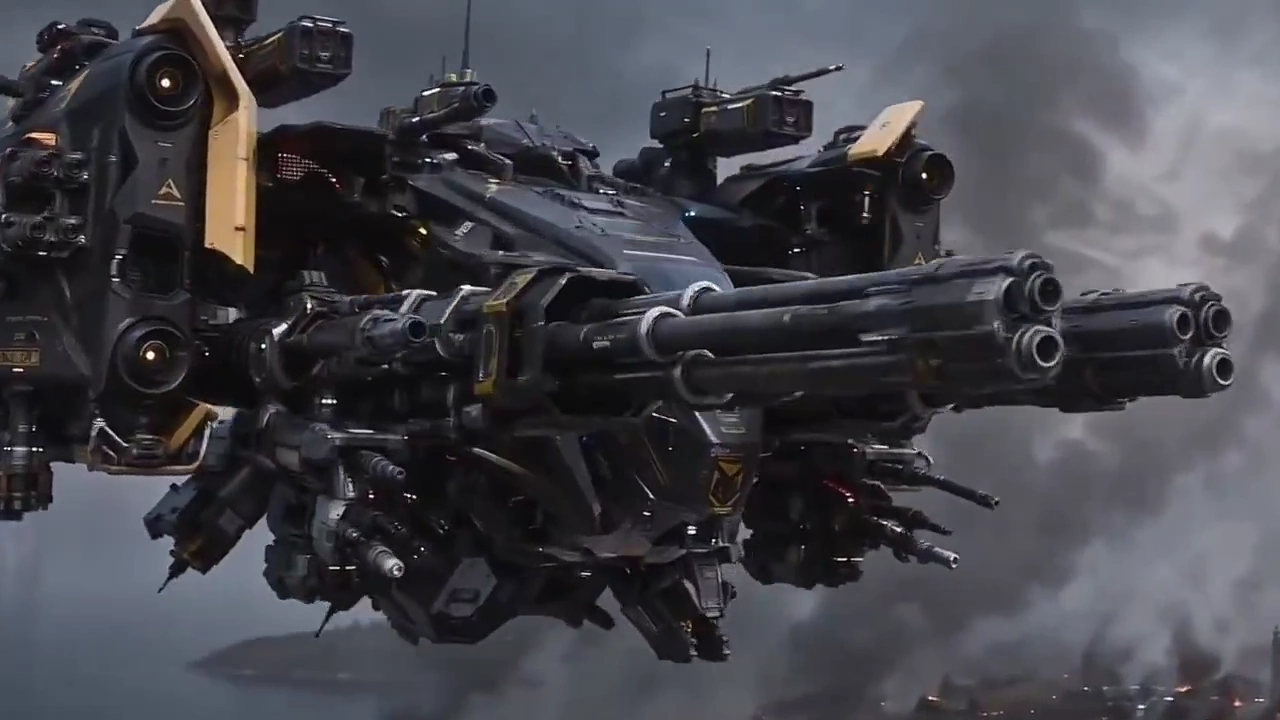 Hovering War Machine Fires Cataclysmic Beam Over Burning Industrial Base