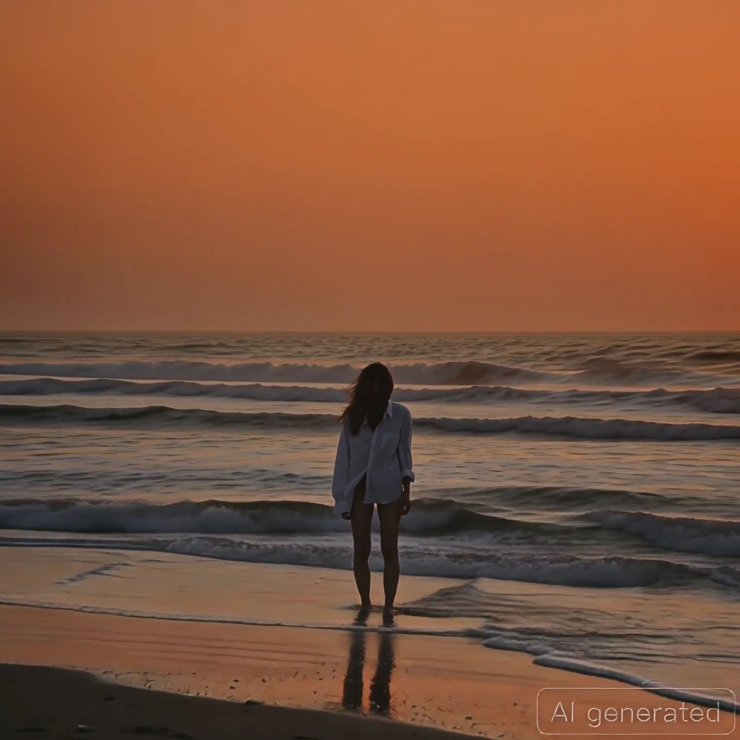 Silhouette Walks into the Sea as Orange Light Fades Slowly