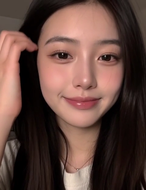 She Brushes Hair Aside While Smiling in Warm Bedroom Glow