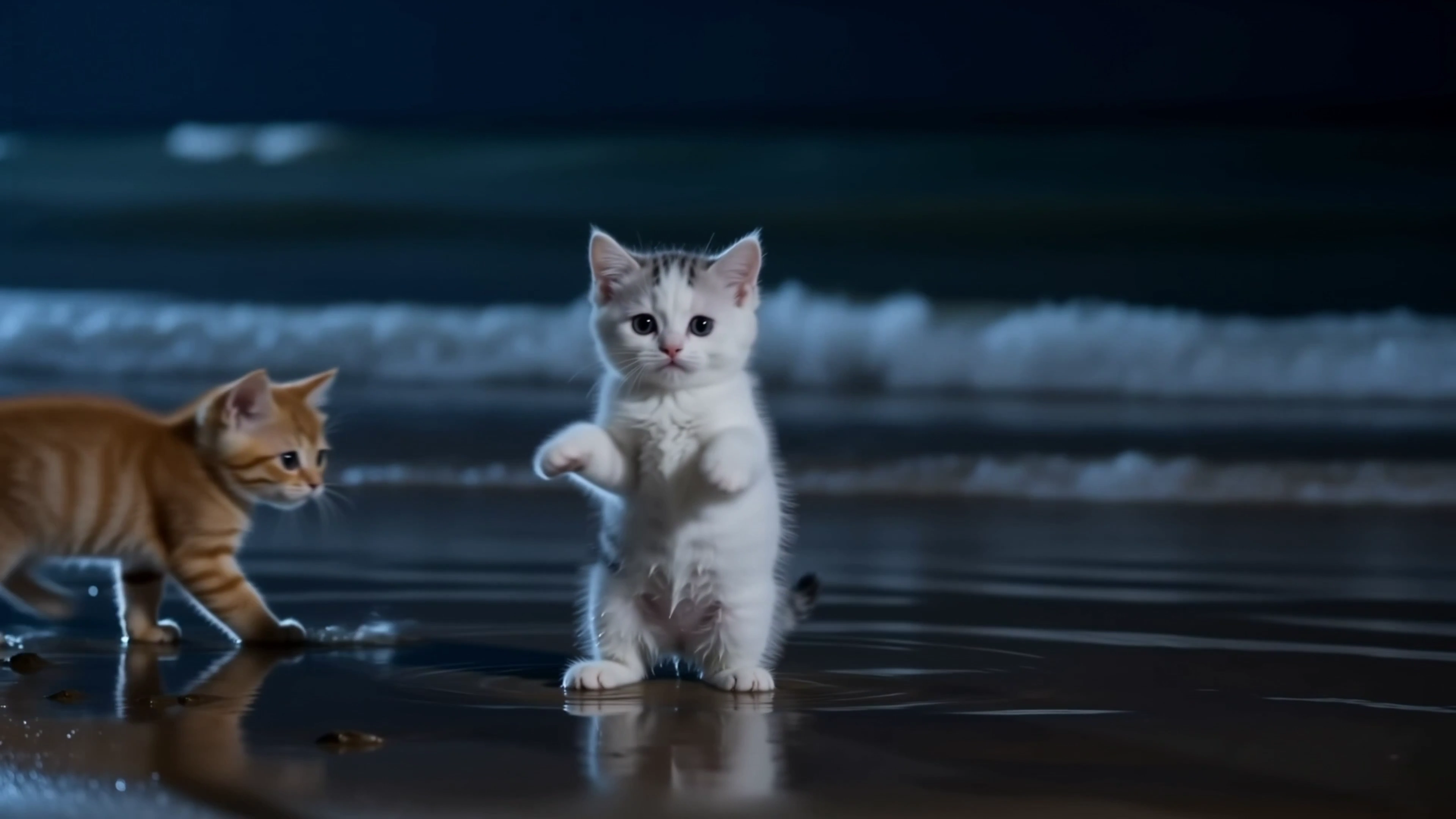 Night Beach Kittens Rise on Hind Legs in Playful Pose