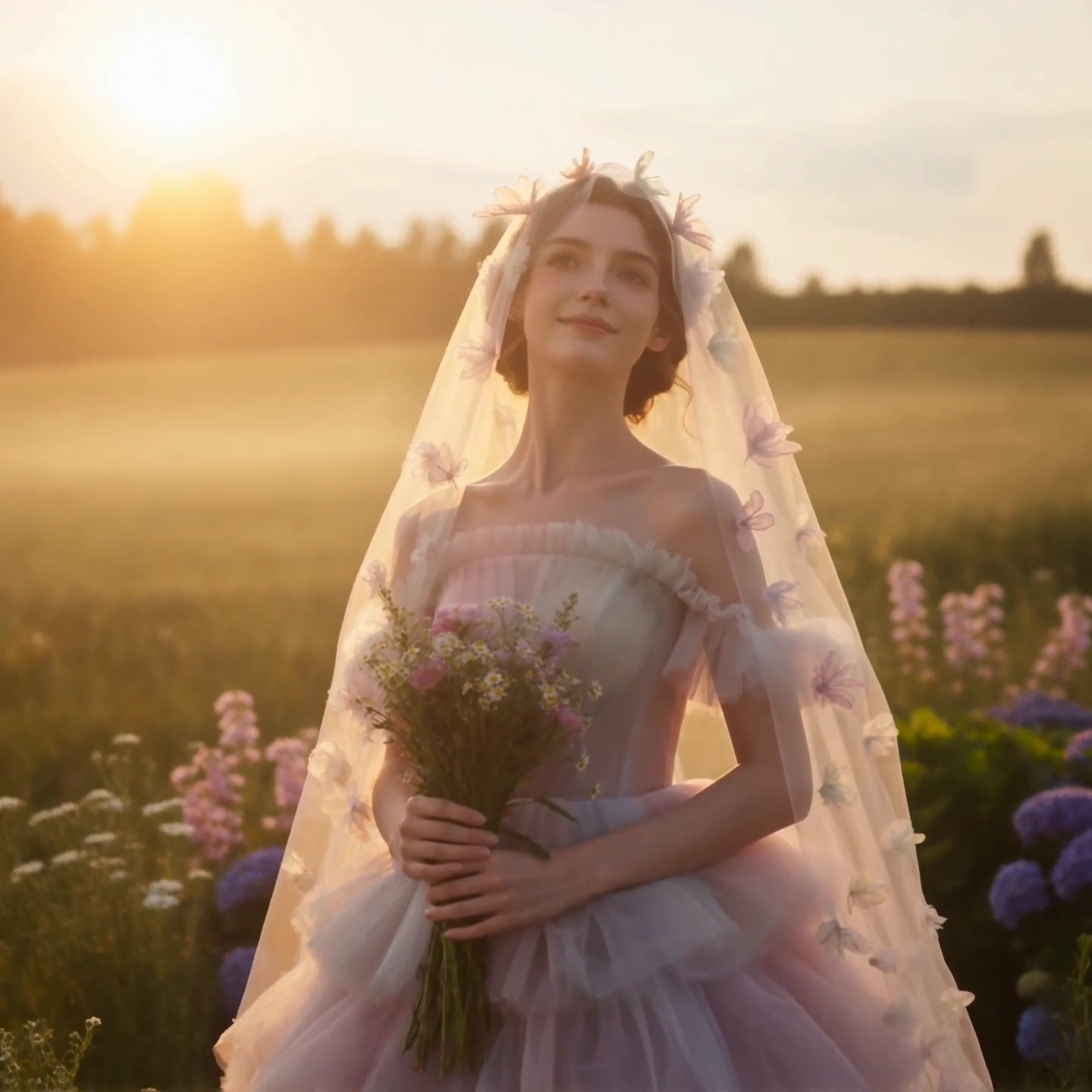 Iridescent Bubbles Frame a Woman in Floral Veil