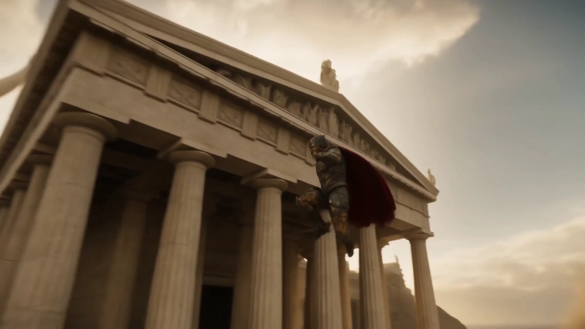 Web-Slinger's Aerial Escape Above Crumbling Temples and Chaos