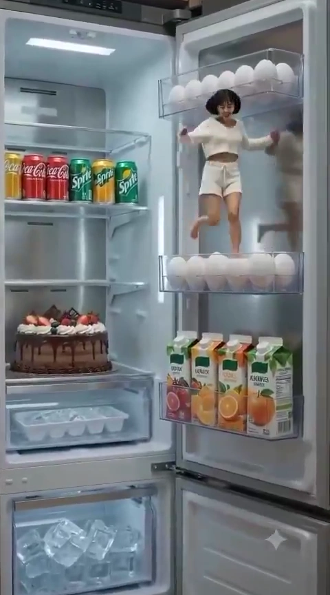 Miniature Woman's Daring Leap Across Refrigerator Shelves in Storyboard