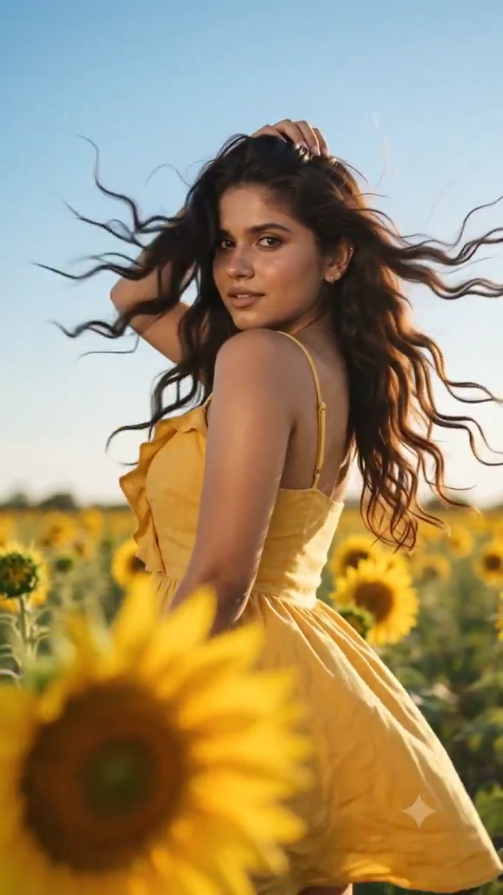 Backlit Portrait in Linen Dress Captures Wind-Blown Hair and Sunflare
