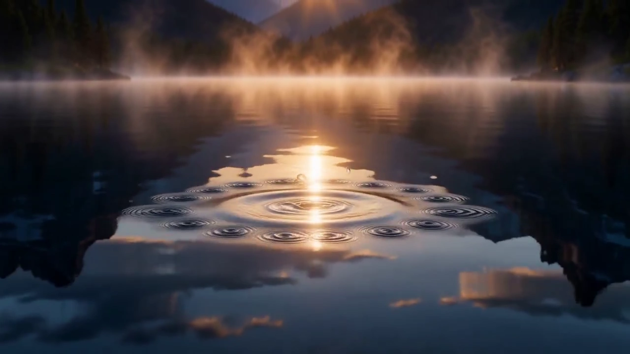 Crystal Droplets Sculpt Morning Word Over Misty Mountain Lake