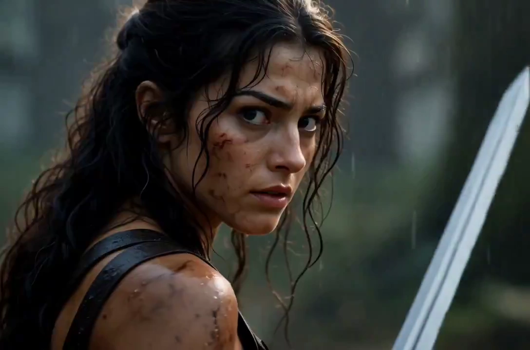 Brave Girl Faces Prehistoric Beast Amidst Ancient Jungle Storms